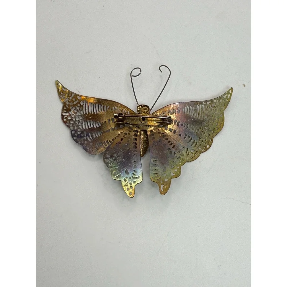 Vintage Filigree Butterfly‎ Brooch Brass Tone Large Lace Wing Insect Pin